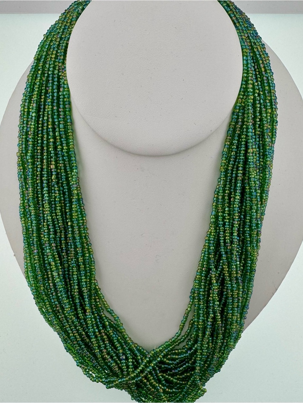 Gorgeous Handcrafted Multi-Strand Green Seed Bead Necklace 9 inch drop
